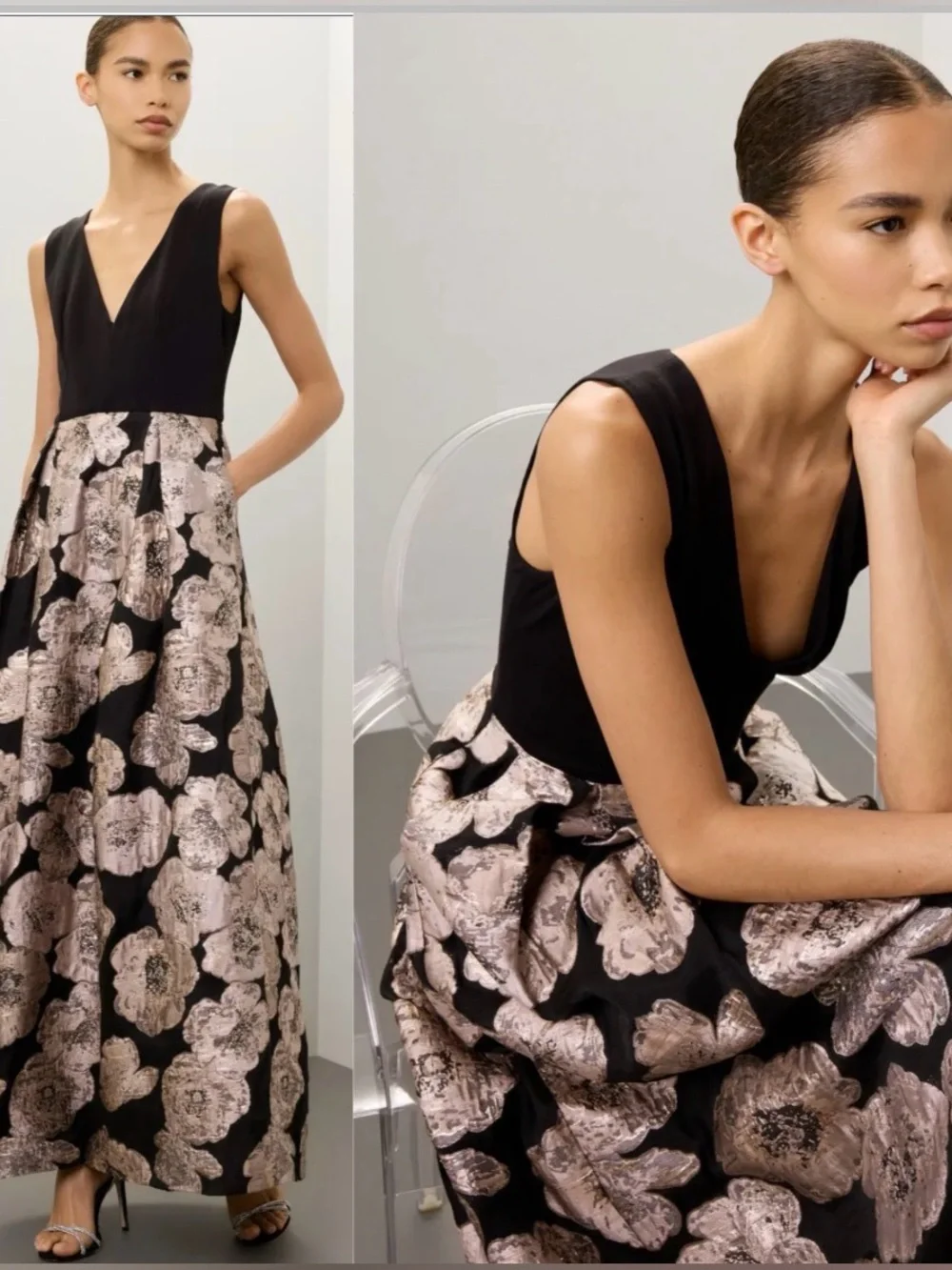 Hutch Black Floral Jacquard Black and Rose Gold Floral V-Neck Evening Gown Sz 22